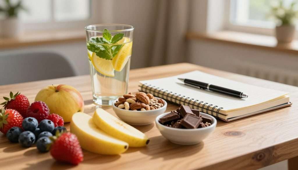 A beautifully arranged selection of healthy study snacks on a wooden table. In the foreground, an assortment of vibrant, colorful fruits like berries, apple slices, and banana. Alongside, there are small bowls of nuts, seeds, and dark chocolate pieces. In the middle ground, a glass of refreshing infused water with lemon and mint, contrasting with a light-colored notebook and a sleek pen, suggesting an academic setting. The background features a softly blurred study area with a cozy, warm ambiance, illuminated by natural sunlight filtering through a window, creating a serene and inviting atmosphere perfect for focused studying. The overall mood should evoke a sense of health, energy, and productivity. A beautifully arranged selection of healthy study snacks on a wooden table. In the foreground, an assortment of vibrant, colorful fruits like berries, apple slices, and banana. Alongside, there are small bowls of nuts, seeds, and dark chocolate pieces. In the middle ground, a glass of refreshing infused water with lemon and mint, contrasting with a light-colored notebook and a sleek pen, suggesting an academic setting. The background features a softly blurred study area with a cozy, warm ambiance, illuminated by natural sunlight filtering through a window, creating a serene and inviting atmosphere perfect for focused studying. The overall mood should evoke a sense of health, energy, and productivity.