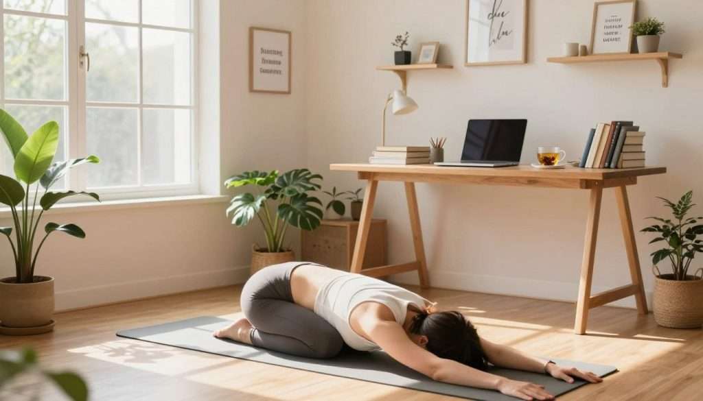 A bright, airy home office filled with natural light streaming through large windows. In the foreground, a person in smart casual attire is performing a gentle yoga stretch on a comfortable mat, embodying relaxation and focus. Beside them, a small indoor plant adds a touch of greenery, enhancing the atmosphere of serenity. In the middle ground, a wooden desk is neatly organized with books, a laptop, and a cup of herbal tea, symbolizing a blend of productivity and calmness. The background features soft pastel walls and shelves lined with motivational quotes and art. The mood is serene yet invigorating, encouraging the idea of productive breaks that enhance concentration for the next study session. The lighting is warm and inviting, capturing a sense of peace and balance. A bright, airy home office filled with natural light streaming through large windows. In the foreground, a person in smart casual attire is performing a gentle yoga stretch on a comfortable mat, embodying relaxation and focus. Beside them, a small indoor plant adds a touch of greenery, enhancing the atmosphere of serenity. In the middle ground, a wooden desk is neatly organized with books, a laptop, and a cup of herbal tea, symbolizing a blend of productivity and calmness. The background features soft pastel walls and shelves lined with motivational quotes and art. The mood is serene yet invigorating, encouraging the idea of productive breaks that enhance concentration for the next study session. The lighting is warm and inviting, capturing a sense of peace and balance.