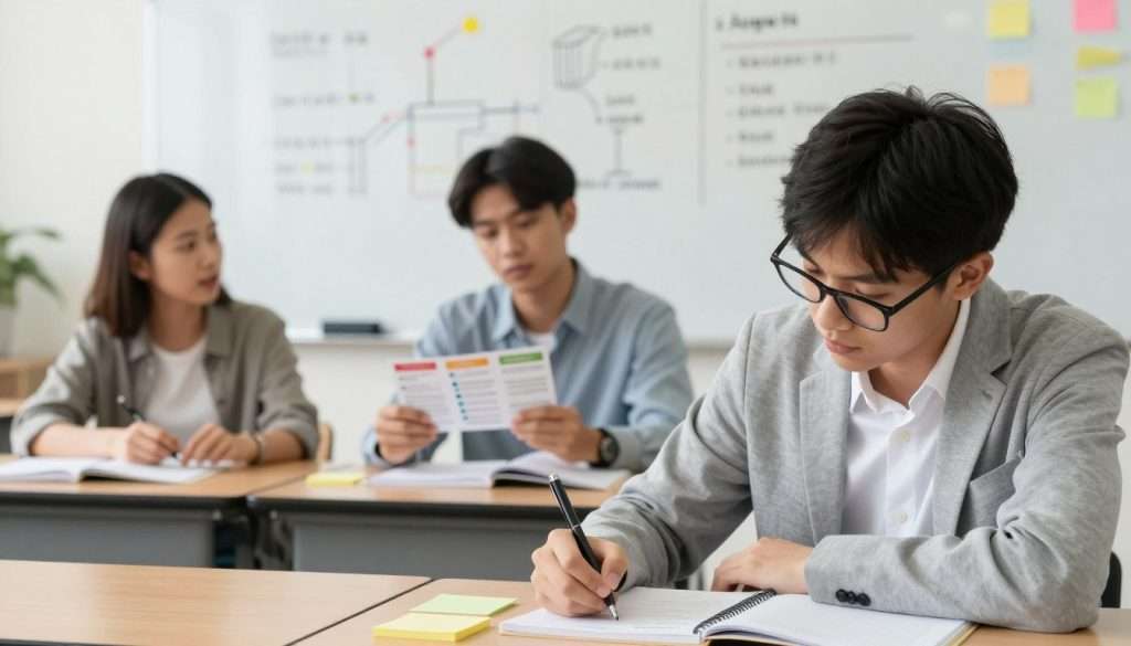 A bright and engaging classroom setting, focused on a diverse group of three students actively engaged in different forms of active recall study techniques. In the foreground, one student with glasses in professional attire is writing notes intensely on a notepad, surrounded by colorful sticky notes. In the middle ground, another student is using flashcards, looking thoughtfully at the information, while a third student in modest casual clothing is discussing ideas with a study partner, showcasing collaboration. The background features a whiteboard filled with diagrams and bullet points, symbolizing cognitive learning. Soft, natural lighting illuminates the scene, creating a warm and inspiring atmosphere, with a slight depth of field to highlight the students. The overall mood is one of focus, determination, and intellectual curiosity.