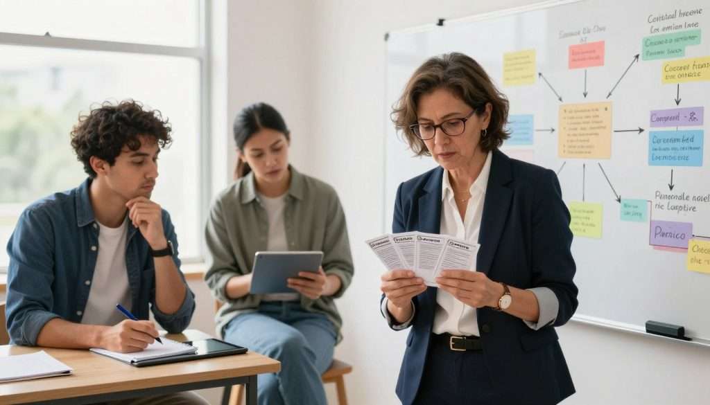 A bright and inspiring learning environment featuring a diverse group of three individuals engaged in active study. In the foreground, a middle-aged woman in professional attire demonstrates retrieval practice using flashcards, her expression focused and determined. Beside her, a young man in smart casual clothing is deep in thought, jotting down notes on a digital tablet, showcasing deliberate practice. In the background, a large whiteboard is filled with colorful diagrams illustrating cognitive learning methods, such as mind mapping and spaced repetition. Natural light floods the room through large windows, creating a warm and inviting atmosphere, while the angle captures both the participants’ engagement and the vibrant learning materials. The overall mood is dynamic and motivational, emphasizing collaborative learning and the shift away from passive review. A bright and inspiring learning environment featuring a diverse group of three individuals engaged in active study. In the foreground, a middle-aged woman in professional attire demonstrates retrieval practice using flashcards, her expression focused and determined. Beside her, a young man in smart casual clothing is deep in thought, jotting down notes on a digital tablet, showcasing deliberate practice. In the background, a large whiteboard is filled with colorful diagrams illustrating cognitive learning methods, such as mind mapping and spaced repetition. Natural light floods the room through large windows, creating a warm and inviting atmosphere, while the angle captures both the participants’ engagement and the vibrant learning materials. The overall mood is dynamic and motivational, emphasizing collaborative learning and the shift away from passive review.