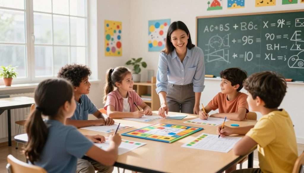 A bright and inviting classroom filled with colorful math posters and playful decorations. In the foreground, a diverse group of children, ages 8-12, are engaged in a fun math activity, smiling and collaborating around a large table strewn with vibrant math games and colorful worksheets. The middle ground shows an enthusiastic teacher guiding the students, dressed in smart casual attire, with a warm smile encouraging participation. Sunlight streams in through large windows, casting a cheerful glow that enhances a sense of joy and engagement in learning. The background features a chalkboard filled with whimsical math equations and diagrams. The overall mood is lively and supportive, capturing the essence of a fun routine that fosters confidence in math.