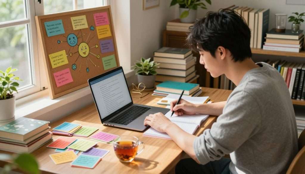 A bright and inviting study environment featuring a young adult in modest casual clothing, actively engaged in study methods to enhance focus. In the foreground, a wooden desk cluttered with colorful flashcards, a laptop open to a study app, and a cup of herbal tea. In the middle ground, a corkboard filled with vibrant mind maps and inspirational quotes, while an open window lets in natural sunlight, creating a warm atmosphere. The background includes shelves stacked with neatly organized books and plants, adding a touch of greenery. The lighting is soft yet focused, casting gentle shadows, and the perspective is a slightly elevated angle, creating depth and inviting the viewer into the scene. The overall mood is motivational and productive, emphasizing effective study techniques.