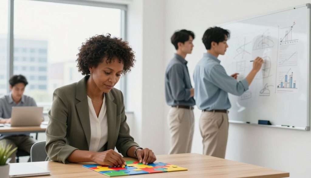 A bright and modern office space featuring a diverse group of three professionals engaged in cognitive flexibility exercises. In the foreground, a middle-aged Black woman in smart casual attire is solving a colorful puzzle on a table, while a young Asian man in business attire sketches ideas on a whiteboard. In the background, a light-filled window offers a view of a cityscape, symbolizing clarity and perspective. Soft, natural light streams in, creating an inviting atmosphere that promotes focus and creativity. The image should evoke a sense of collaborative energy and mental agility, emphasizing the importance of adaptability in decision-making without compromising high standards.