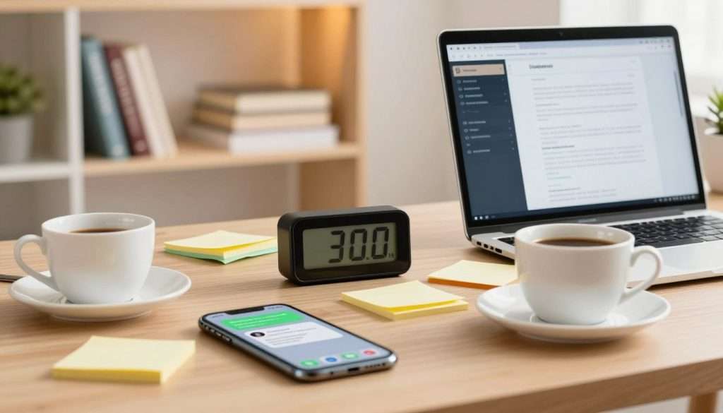 A bright and modern workspace, focusing on a wooden desk cluttered with common Pomodoro mistakes. In the foreground, a smartphone displays a distracting social media app notification; next to it, an overflowing coffee cup symbolizes over-reliance on caffeine. In the middle, a digital timer counts down, but is surrounded by chaotic sticky notes and an open laptop with multiple tabs, suggesting multitasking. In the background, a softly lit bookshelf holds a few unread business and productivity books. The lighting is warm and inviting, creating a relaxed yet slightly chaotic atmosphere, emphasizing the tension between focus and distraction. The overall mood is one of slight frustration, portraying the challenges of maintaining concentration while using the Pomodoro Technique.