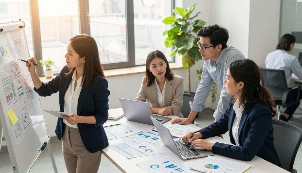 A bright and modern workspace setting, featuring a diverse group of three professionals engaged in a lively brainstorming session around a large table laden with project materials and laptops. In the foreground, a woman in smart business attire writes on a whiteboard filled with colorful diagrams and ideas. In the middle, a man and a woman collaborate, sharing a laptop and discussing strategies with focused expressions. The background showcases a large window with natural light streaming in, casting an inviting glow over the scene. A potted plant adds a touch of greenery, enhancing the atmosphere of creativity and productivity. The overall mood is dynamic and inspiring, emphasizing the application of learning through teamwork and real-world practice, captured in a slightly elevated angle for depth. A bright and modern workspace setting, featuring a diverse group of three professionals engaged in a lively brainstorming session around a large table laden with project materials and laptops. In the foreground, a woman in smart business attire writes on a whiteboard filled with colorful diagrams and ideas. In the middle, a man and a woman collaborate, sharing a laptop and discussing strategies with focused expressions. The background showcases a large window with natural light streaming in, casting an inviting glow over the scene. A potted plant adds a touch of greenery, enhancing the atmosphere of creativity and productivity. The overall mood is dynamic and inspiring, emphasizing the application of learning through teamwork and real-world practice, captured in a slightly elevated angle for depth.