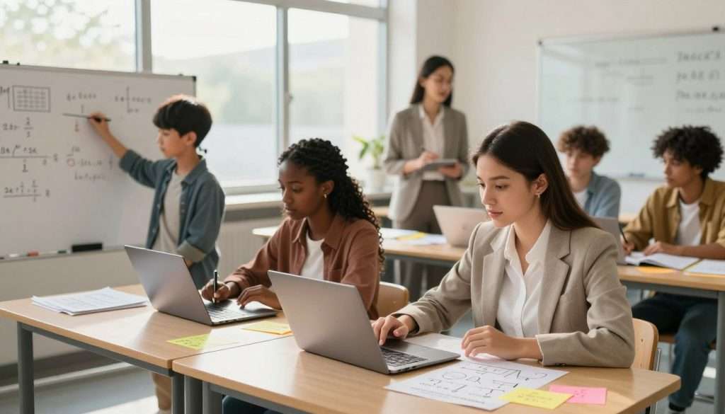 A bright, modern classroom filled with diverse students engaged in collaborative learning. In the foreground, a young woman in professional attire is working at a desk, surrounded by colorful math notes and diagrams illustrating various problem-solving approaches. To her left, an Asian boy in modest casual clothing is using a whiteboard to diagram a mathematical concept, while a Black girl nearby solves a problem on a laptop, showcasing digital tools. In the background, a teacher in smart casual wear guides a group discussion. The lighting is warm and inviting, coming from large windows that allow natural sunlight to fill the space. The atmosphere is focused and dynamic, reflecting an environment of active exploration and understanding of math concepts through multiple methodologies.