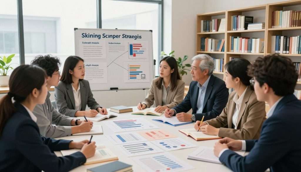 A bright, modern office space filled with books and resources dedicated to reading strategies. In the foreground, a diverse group of individuals, including a young woman and an older man, both dressed in professional business attire, are engaged in an animated discussion over various types of texts laid out on a large table. In the middle ground, a presentation board displays diagrams illustrating different reading strategies, like skimming, scanning, and in-depth analysis. The background features large windows letting in natural light, casting soft shadows, and shelves filled with books. The atmosphere is collaborative and focused, emphasizing the importance of adapting reading strategies to enhance comprehension. The lens captures a balanced angle, providing a clear view of engagement and resources without clutter.
