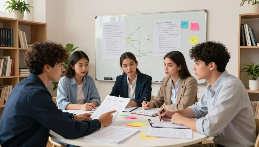 A bright, modern study room setting, where a diverse group of four students—two males and two females, all in professional casual attire—are engaged in a collaborative discussion around a large round table stacked with various exam papers and notes. In the foreground, one student points at a document highlighting key questions while the other three listen intently, displaying expressions of focus and determination. The middle ground features a large whiteboard filled with charts and notes illustrating question prioritization strategies, and motivational props like colorful sticky notes. The background has bookshelves lined with academic books and calming green plants, illuminating the room with warm, natural light. The atmosphere feels energetic and productive, emphasizing teamwork and strategy in exam preparation.