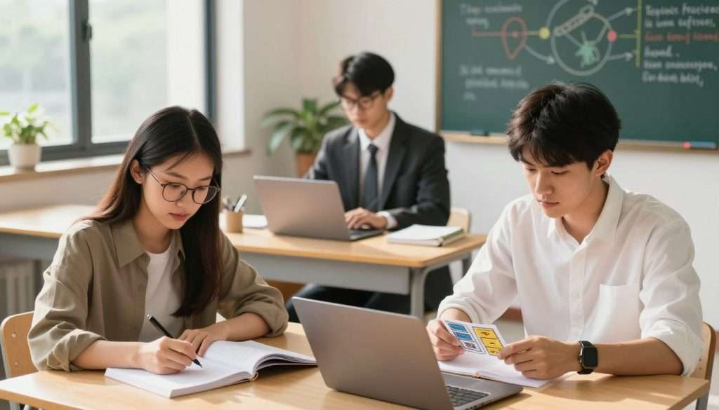 A bright, modern study space filled with natural light filtering through large windows, showcasing a diverse group of three students engaged in spaced practice. In the foreground, a young woman with glasses, wearing a smart casual outfit, takes notes from an open textbook, while a young man in a collared shirt reviews flashcards. In the middle ground, a third student, a professional-looking individual in business attire, uses a laptop to schedule study sessions. The background features a chalkboard with colorful diagrams and tips for effective studying. Soft, warm lighting creates an inviting atmosphere, highlighting the energetic and collaborative mood of effective learning. The scene is shot from a slightly elevated angle to capture the dynamic interactions among the students.