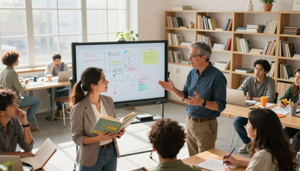 A bright, open workspace filled with natural light, featuring a diverse group of individuals engaged in lively discussion and exploration of various subjects. In the foreground, a young woman in professional attire examines an intriguing book with enthusiasm, while a middle-aged man gestures animatedly, sharing ideas. In the middle, a large interactive whiteboard displays colorful notes and drawings, symbolizing curiosity and exploration. The background showcases shelves filled with books and art supplies, illustrating a rich environment for learning. The atmosphere is vibrant and inspiring, with warm sunlight filtering through large windows, creating a welcoming and energetic mood. The camera angle is slightly elevated, providing a panoramic view of this dynamic setting. A bright, open workspace filled with natural light, featuring a diverse group of individuals engaged in lively discussion and exploration of various subjects. In the foreground, a young woman in professional attire examines an intriguing book with enthusiasm, while a middle-aged man gestures animatedly, sharing ideas. In the middle, a large interactive whiteboard displays colorful notes and drawings, symbolizing curiosity and exploration. The background showcases shelves filled with books and art supplies, illustrating a rich environment for learning. The atmosphere is vibrant and inspiring, with warm sunlight filtering through large windows, creating a welcoming and energetic mood. The camera angle is slightly elevated, providing a panoramic view of this dynamic setting.