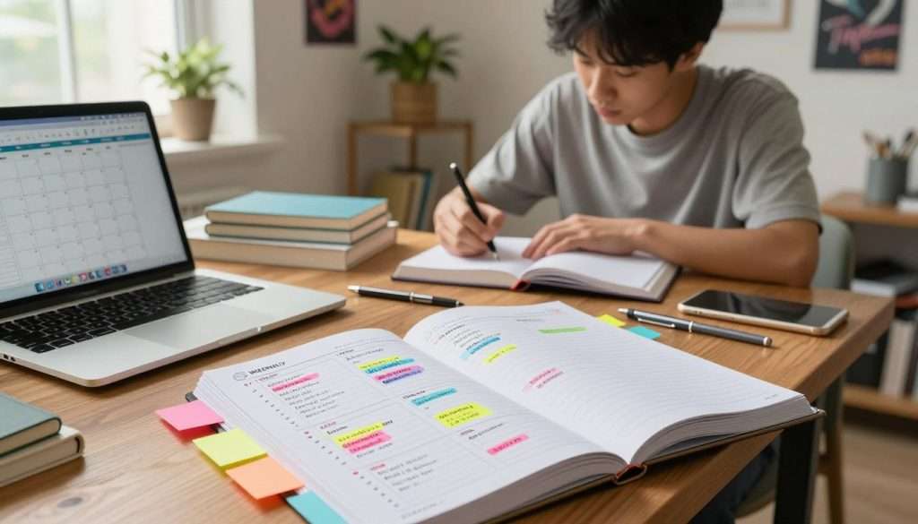 A bright, organized study space showcasing a detailed weekly schedule planner spread open on a wooden desk. In the foreground, the planner is filled with colorful bullet points designating classes, study sessions, and extracurricular activities, complemented by vibrant sticky notes. To the side, a laptop displays a calendar application. In the middle ground, a student in modest casual clothing, focused and engaged, writes down tasks, surrounded by neatly arranged textbooks and stationery. In the background, a cozy room with warm, natural light filtering through a window, plants on shelves, and motivational posters on the walls creates an inspiring atmosphere. The overall mood is productive and motivating, emphasizing balance and organization in academic life. A bright, organized study space showcasing a detailed weekly schedule planner spread open on a wooden desk. In the foreground, the planner is filled with colorful bullet points designating classes, study sessions, and extracurricular activities, complemented by vibrant sticky notes. To the side, a laptop displays a calendar application. In the middle ground, a student in modest casual clothing, focused and engaged, writes down tasks, surrounded by neatly arranged textbooks and stationery. In the background, a cozy room with warm, natural light filtering through a window, plants on shelves, and motivational posters on the walls creates an inspiring atmosphere. The overall mood is productive and motivating, emphasizing balance and organization in academic life.