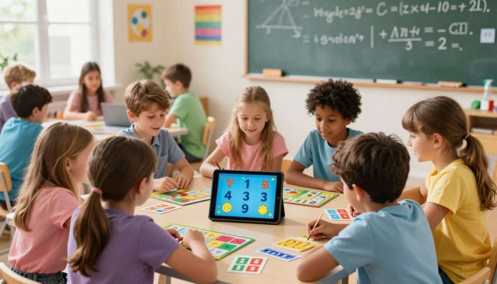 A brightly lit classroom filled with students engaging in various interactive math learning games. In the foreground, a diverse group of children, dressed in colorful casual clothing, eagerly gathers around a tablet displaying a vibrant math game, with animated numbers and shapes on-screen. In the middle ground, another group works at a large table covered with board games, math puzzles, and colorful flashcards. The background features a chalkboard filled with math equations and educational posters. Soft sunlight streams in through large windows, casting warm, inviting light that enhances the playful atmosphere. The image conveys an energetic and engaging mood, ideal for showcasing the fun side of math learning through technology. A brightly lit classroom filled with students engaging in various interactive math learning games. In the foreground, a diverse group of children, dressed in colorful casual clothing, eagerly gathers around a tablet displaying a vibrant math game, with animated numbers and shapes on-screen. In the middle ground, another group works at a large table covered with board games, math puzzles, and colorful flashcards. The background features a chalkboard filled with math equations and educational posters. Soft sunlight streams in through large windows, casting warm, inviting light that enhances the playful atmosphere. The image conveys an energetic and engaging mood, ideal for showcasing the fun side of math learning through technology.