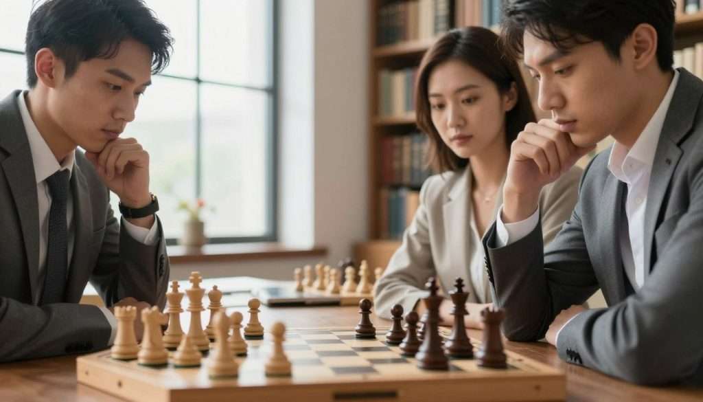 A close-up view of a chessboard in a well-lit room, with strategic pieces positioned in the middle of an intense game. The foreground features two players, a man and a woman, both in professional business attire, deeply focused on their next moves. Their expressions reflect deep concentration and analytical thinking. In the background, a large window allows natural light to pour in, creating a warm, inviting atmosphere. The room is decorated with bookshelves filled with literature on philosophy and strategy, enhancing the theme of critical thinking. Use a shallow depth of field to create a slight blur in the background while keeping the players and the chessboard sharp. The mood is serious and thought-provoking, evoking a sense of intellectual challenge and decision-making.