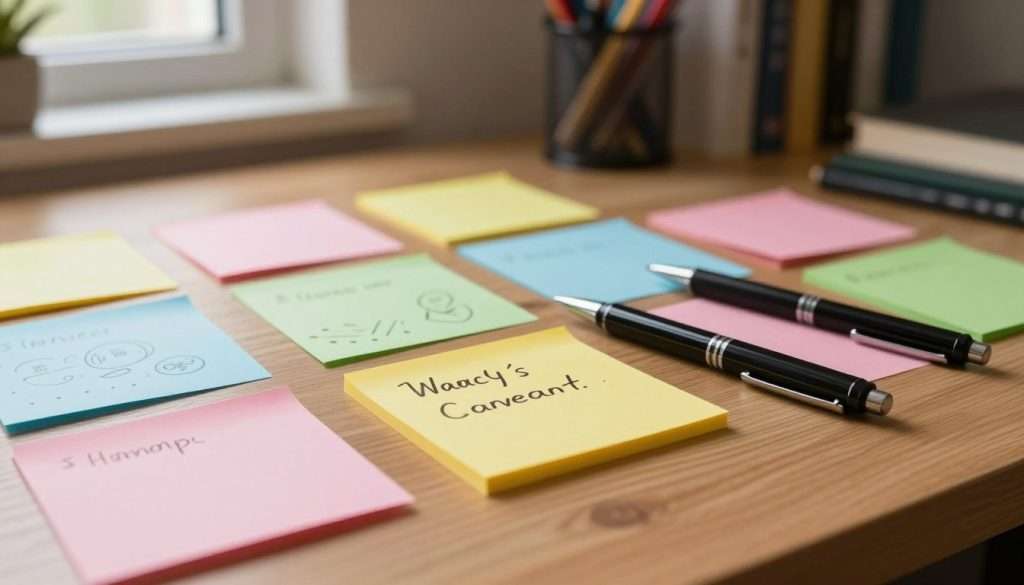 A close-up view of a wooden desk covered with an array of colorful paper notes, neatly arranged with a black pen resting beside them. In the foreground, focus on a vibrant yellow sticky note adorned with handwritten reminders, while other notes in shades of pink, blue, and green feature doodles and bullet points, reflecting various learning topics. In the middle ground, a soft light spills in from a nearby window, casting gentle shadows and creating a warm, inviting atmosphere. The background includes blurred shelves filled with books and stationary, subtly hinting at a study environment. The overall mood conveys a sense of organization and creativity, showcasing the tactile and engaging nature of paper note-taking. A close-up view of a wooden desk covered with an array of colorful paper notes, neatly arranged with a black pen resting beside them. In the foreground, focus on a vibrant yellow sticky note adorned with handwritten reminders, while other notes in shades of pink, blue, and green feature doodles and bullet points, reflecting various learning topics. In the middle ground, a soft light spills in from a nearby window, casting gentle shadows and creating a warm, inviting atmosphere. The background includes blurred shelves filled with books and stationary, subtly hinting at a study environment. The overall mood conveys a sense of organization and creativity, showcasing the tactile and engaging nature of paper note-taking.