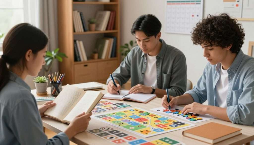 A cozy home study scene focused on memory-boosting activities. In the foreground, a diverse group of three individuals engaged in various tasks: a woman reading a book, a man taking notes at a desk, and a teenager solving a puzzle. All are dressed in smart casual clothing, radiating concentration. In the middle, a table filled with educational tools like flashcards, journals, and a memory map. In the background, a warm, inviting bookshelf lined with books, a calendar highlighting daily learning goals, and a plant to add a touch of nature. Soft, natural lighting filters through a window, creating a serene and motivating atmosphere. The perspective should be slightly angled, capturing both the subjects and the inviting study space that encourages everyday learning.