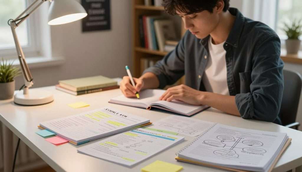 A cozy study environment featuring a well-organized desk filled with study materials. In the foreground, a neatly arranged Cornell note-taking system with highlighted notes, mind maps, and colorful sticky notes. A warm desk lamp casts soft, inviting light over the scene. In the middle ground, a focused student, dressed in smart casual attire, is actively engaged in transforming notes into study material, using a high-quality notebook and colored pens. The background shows shelves filled with books, a motivational poster, and a window with sunlight pouring in, creating a productive atmosphere. The overall mood is calm and inspiring, promoting effective study techniques and organization. A shallow depth of field adds a professional touch, emphasizing the subject while softly blurring the background elements.