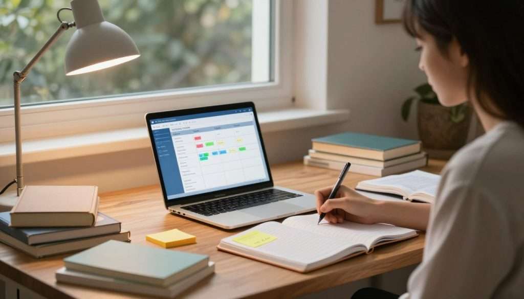 A cozy study environment featuring a wooden desk with an open planner, colorful sticky notes, and a laptop displaying a digital timer set for time blocks. In the foreground, a focused student wearing modest casual clothing is writing notes with a pen, surrounded by books and study materials. The middle layer includes a soft, comfortable chair and a warm desk lamp casting a gentle light over the workspace. In the background, a window reveals a serene outdoor view with trees, emphasizing a tranquil atmosphere. The scene is well-lit, using natural lighting combined with the warm glow of the lamp, conveying a sense of productivity and calm. The overall mood is organized and motivating, illustrating effective time management for studying. A cozy study environment featuring a wooden desk with an open planner, colorful sticky notes, and a laptop displaying a digital timer set for time blocks. In the foreground, a focused student wearing modest casual clothing is writing notes with a pen, surrounded by books and study materials. The middle layer includes a soft, comfortable chair and a warm desk lamp casting a gentle light over the workspace. In the background, a window reveals a serene outdoor view with trees, emphasizing a tranquil atmosphere. The scene is well-lit, using natural lighting combined with the warm glow of the lamp, conveying a sense of productivity and calm. The overall mood is organized and motivating, illustrating effective time management for studying.