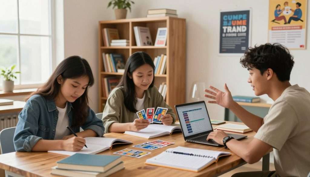 A cozy study environment that illustrates effective study habits for students. In the foreground, a diverse group of three students, two females and one male, seated at a large wooden table. They are engaged in active studying: one is writing notes with a focused expression, another is reviewing flashcards, and the third is explaining a concept with enthusiasm. In the middle, scattered books, a laptop open to an online resource, and a planner filled with organized schedules. In the background, a well-lit, organized bookshelf filled with educational materials, a large window letting in warm, natural light, and motivational posters on the walls. The scene is vibrant and inviting, exuding a productive and motivating atmosphere ideal for effective studying. A cozy study environment that illustrates effective study habits for students. In the foreground, a diverse group of three students, two females and one male, seated at a large wooden table. They are engaged in active studying: one is writing notes with a focused expression, another is reviewing flashcards, and the third is explaining a concept with enthusiasm. In the middle, scattered books, a laptop open to an online resource, and a planner filled with organized schedules. In the background, a well-lit, organized bookshelf filled with educational materials, a large window letting in warm, natural light, and motivational posters on the walls. The scene is vibrant and inviting, exuding a productive and motivating atmosphere ideal for effective studying.