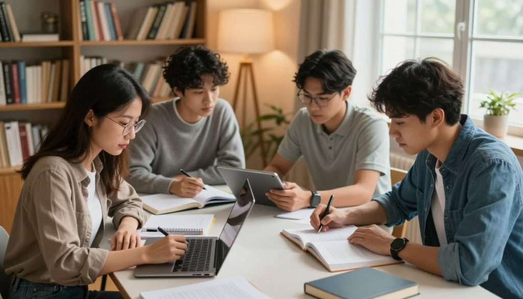 A cozy study environment where four diverse students gather around a large table, engaged in focused study sessions. In the foreground, a young woman with glasses and a laptop takes notes, while a man in a denim shirt highlights a textbook. In the middle area, two friends share a tablet, collaborating on a project, one wearing a sweater and the other in a casual polo shirt. The background features a softly lit room with bookshelves and a large window letting in warm, natural light. The atmosphere is productive and inviting, reflecting camaraderie and concentration. Use a slightly elevated angle to capture the dynamic interaction among the students, emphasizing their engagement and teamwork in this body doubling study session. A cozy study environment where four diverse students gather around a large table, engaged in focused study sessions. In the foreground, a young woman with glasses and a laptop takes notes, while a man in a denim shirt highlights a textbook. In the middle area, two friends share a tablet, collaborating on a project, one wearing a sweater and the other in a casual polo shirt. The background features a softly lit room with bookshelves and a large window letting in warm, natural light. The atmosphere is productive and inviting, reflecting camaraderie and concentration. Use a slightly elevated angle to capture the dynamic interaction among the students, emphasizing their engagement and teamwork in this body doubling study session.