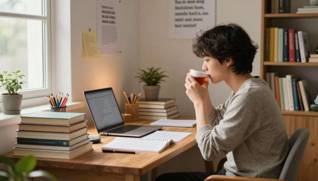 A cozy study environment with a focused student sitting at a wooden desk stacked with books and stationery. In the foreground, the student, dressed in comfortable, modest clothing, is taking a short break, sipping tea from a mug, and looking thoughtfully out of a window. The middle ground features a well-organized study space with a laptop, notes, and motivational posters on the wall highlighting the importance of breaks. In the background, a softly lit room with a small indoor plant and a bookshelf filled with colorful books adds warmth. The mood is calm and introspective, emphasizing productivity and the value of recharging during study sessions. Natural light streams in, creating a welcoming atmosphere and making the setting feel inviting and inspiring. A cozy study environment with a focused student sitting at a wooden desk stacked with books and stationery. In the foreground, the student, dressed in comfortable, modest clothing, is taking a short break, sipping tea from a mug, and looking thoughtfully out of a window. The middle ground features a well-organized study space with a laptop, notes, and motivational posters on the wall highlighting the importance of breaks. In the background, a softly lit room with a small indoor plant and a bookshelf filled with colorful books adds warmth. The mood is calm and introspective, emphasizing productivity and the value of recharging during study sessions. Natural light streams in, creating a welcoming atmosphere and making the setting feel inviting and inspiring.
