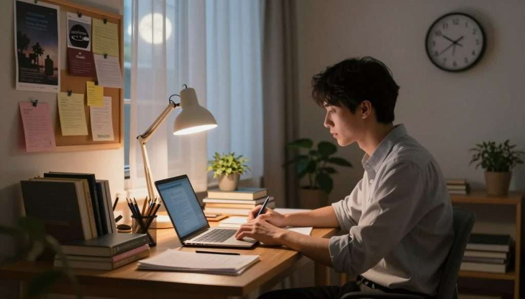A cozy study nook at night, featuring a wooden desk cluttered with books, a laptop, and stationery. In the foreground, a young adult in professional casual attire, deep in concentration, sits illuminated by a warm desk lamp, radiating a soft, inviting glow. In the middle ground, a wall adorned with inspiring posters and a corkboard filled with notes and reminders adds an academic vibe. The background reveals a large window with sheer curtains, allowing soft, moonlight to filter in, creating a serene atmosphere that enhances focus. A few potted plants bring a touch of nature, while a clock on the wall shows it's late, conveying the idea of night studying. Overall, the mood is one of calm productivity, highlighting the appeal of studying after hours.