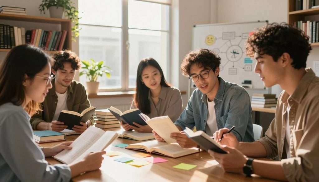 A cozy study room featuring a diverse group of four young adults engaged in a vibrant reading session. In the foreground, a woman with glasses and a man with a notepad, both dressed in casual professional attire, are animatedly discussing ideas from a book, with open texts and colorful sticky notes around them. The middle scene showcases a large window letting in warm, golden afternoon light, illuminating piles of books and a whiteboard with interconnected ideas and infographics. In the background, shelves filled with various genres of books and plants create an inviting atmosphere. The mood is collaborative and intellectually stimulating, promoting an air of creativity and insight, captured with a slightly shallow depth of field to focus on the readers’ expressions.