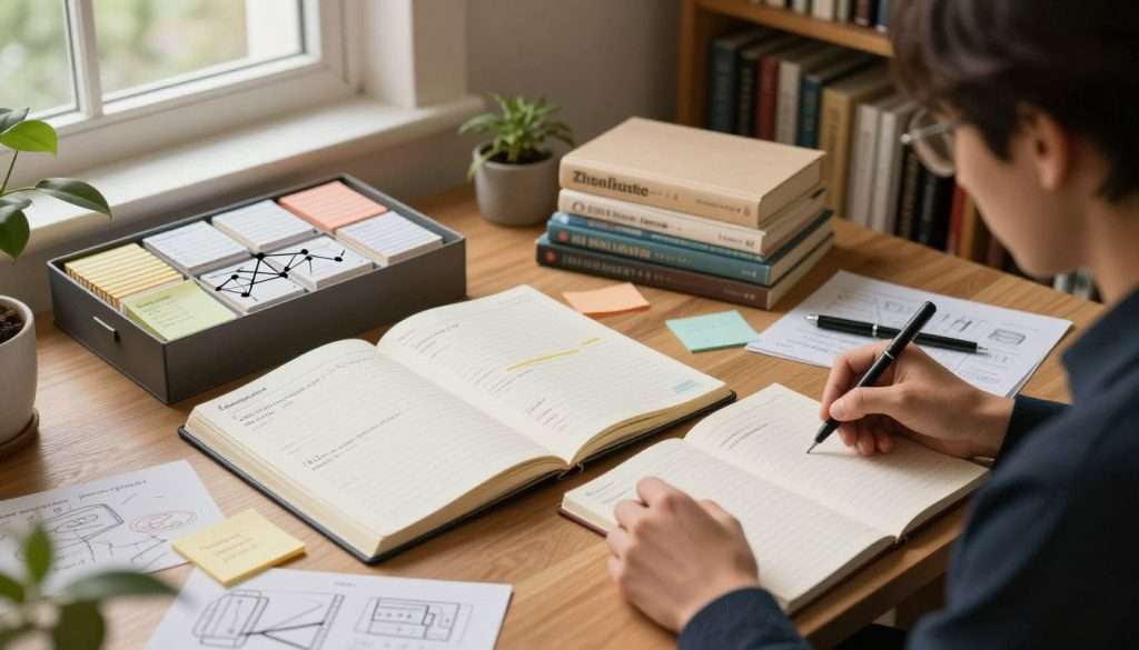 A cozy study scene featuring a neatly organized desk with a large open notebook using the Cornell Notes method, showcasing clear sections for notes and summaries. Beside it, a Zettelkasten box filled with interconnected index cards, illustrating the concept of a knowledge network. A warm, soft light filters through a window, creating a tranquil atmosphere. In the foreground, a focused individual in professional attire is thoughtfully reviewing their notes, surrounded by brainstorming sketches and sticky notes. The background includes bookshelves filled with educational texts and plants, enhancing the inviting learning environment. The image captures a sense of productivity and creativity, emphasizing the synergy between structured note-taking and knowledge connectivity.