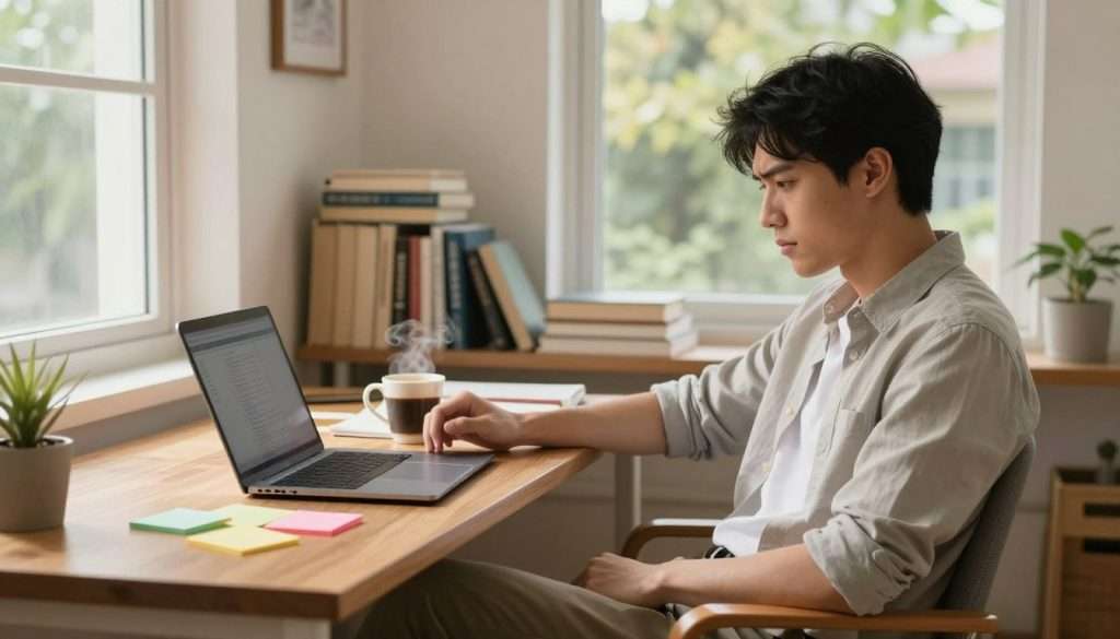 A cozy study space bathed in soft, warm light, featuring a modern wooden desk with an open laptop, colorful sticky notes, and a steaming cup of coffee. In the foreground, a focused young adult in business casual attire is sitting comfortably on a chair, engaged in a short study session, with a relaxed expression and a slightly furrowed brow as they read on the screen. In the middle ground, a shelf filled with neatly organized books and study materials enhances the learning atmosphere. The background shows a large window with natural light pouring in, revealing a serene outdoor view of trees, creating an inviting and peaceful ambiance. The overall mood is one of motivation and tranquility, perfect for microlearning sessions.