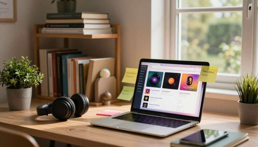 A cozy study space featuring a carefully curated music playlist setup. In the foreground, a sleek laptop is open, displaying a vibrant music app interface filled with genre-specific playlists, surrounded by colorful sticky notes with study goals. To the left, a pair of headphones rests on a stylish desk, while a small potted plant adds a touch of greenery. In the middle, a well-organized bookshelf filled with study books and notebooks creates an inviting intellectual atmosphere. The background features soft, warm lighting that casts gentle shadows, enhancing the relaxed yet focused mood. A window reveals a soft, blurred view of a serene garden, lending a calm ambiance to the scene. The entire image embodies a productive study environment, inviting viewers to create their own effective study playlists. A cozy study space featuring a carefully curated music playlist setup. In the foreground, a sleek laptop is open, displaying a vibrant music app interface filled with genre-specific playlists, surrounded by colorful sticky notes with study goals. To the left, a pair of headphones rests on a stylish desk, while a small potted plant adds a touch of greenery. In the middle, a well-organized bookshelf filled with study books and notebooks creates an inviting intellectual atmosphere. The background features soft, warm lighting that casts gentle shadows, enhancing the relaxed yet focused mood. A window reveals a soft, blurred view of a serene garden, lending a calm ambiance to the scene. The entire image embodies a productive study environment, inviting viewers to create their own effective study playlists.