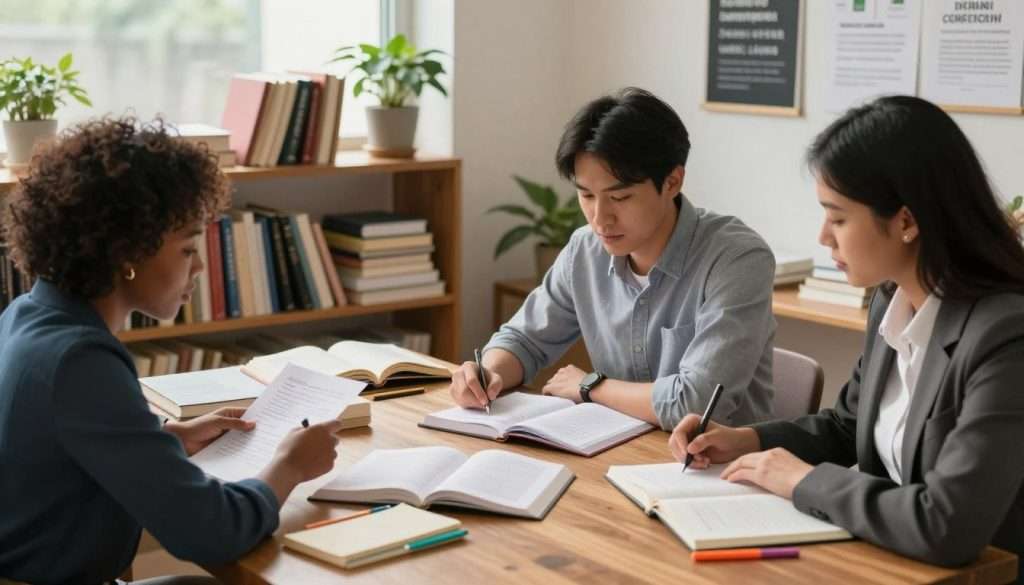 A cozy study space featuring a polished wooden desk scattered with open books, a notepad, and colorful bookmarks. In the foreground, a diverse group of three individuals, dressed in professional business attire, engaged in focused discussion while reviewing notes. One person, a Black woman, points to a strategy on a page, while an Asian man and a Hispanic woman take notes. In the middle ground, shelves filled with neatly organized books and learning materials create a warm and inviting atmosphere. Soft, natural light filters through a nearby window, adding a tranquil glow to the scene. The background is adorned with potted plants and motivational posters, enhancing the mood of productivity and learning. Overall, a harmonious blend of collaboration and knowledge-building, emphasizing effective reading strategies. A cozy study space featuring a polished wooden desk scattered with open books, a notepad, and colorful bookmarks. In the foreground, a diverse group of three individuals, dressed in professional business attire, engaged in focused discussion while reviewing notes. One person, a Black woman, points to a strategy on a page, while an Asian man and a Hispanic woman take notes. In the middle ground, shelves filled with neatly organized books and learning materials create a warm and inviting atmosphere. Soft, natural light filters through a nearby window, adding a tranquil glow to the scene. The background is adorned with potted plants and motivational posters, enhancing the mood of productivity and learning. Overall, a harmonious blend of collaboration and knowledge-building, emphasizing effective reading strategies.