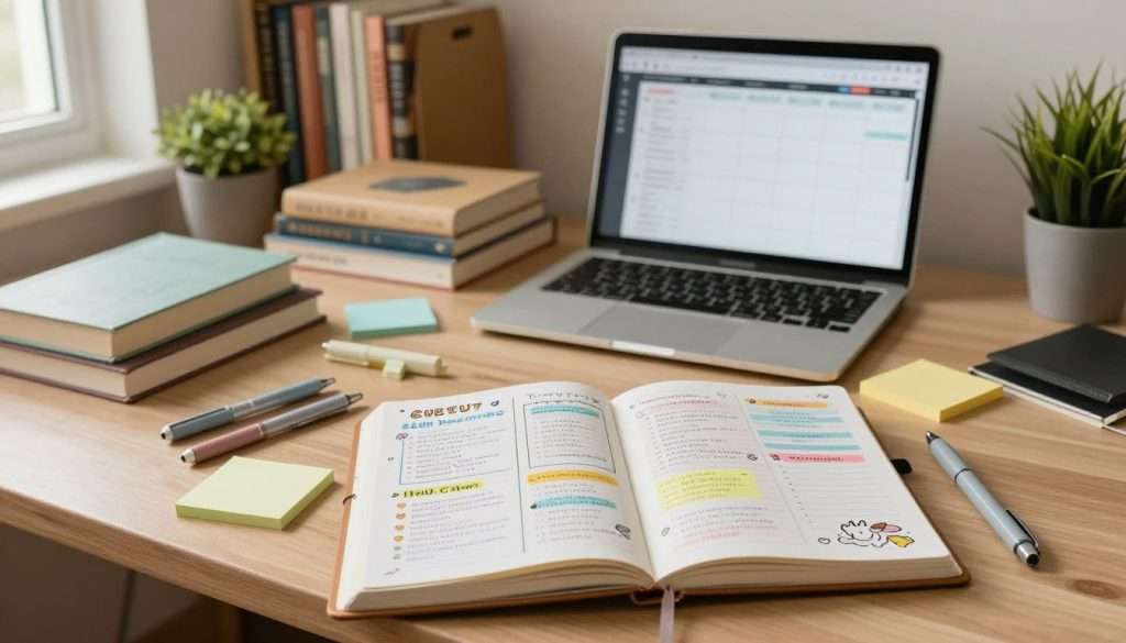 A cozy study space filled with bullet journaling supplies, showcasing a neatly arranged desk. In the foreground, an open bullet journal filled with colorful course pages, featuring organized layouts for different subjects, with decorative headers and doodles. A set of pastel-colored pens and sticky notes are scattered beside the journal. In the middle, a laptop displays a schedule alongside books and a plant for a touch of greenery. The background features a softly-lit bookshelf filled with textbooks and decorative items, creating a studious atmosphere. Warm, natural lighting filters through a nearby window, casting a gentle glow. The scene conveys a mood of productivity and creativity, ideal for college students. A cozy study space filled with bullet journaling supplies, showcasing a neatly arranged desk. In the foreground, an open bullet journal filled with colorful course pages, featuring organized layouts for different subjects, with decorative headers and doodles. A set of pastel-colored pens and sticky notes are scattered beside the journal. In the middle, a laptop displays a schedule alongside books and a plant for a touch of greenery. The background features a softly-lit bookshelf filled with textbooks and decorative items, creating a studious atmosphere. Warm, natural lighting filters through a nearby window, casting a gentle glow. The scene conveys a mood of productivity and creativity, ideal for college students.