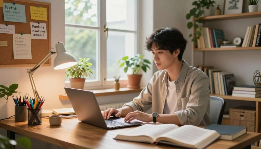 A cozy study space filled with inspiration, featuring a wooden desk cluttered with colorful stationery, open textbooks, and a laptop. In the foreground, a motivated student sits attentively, dressed in comfortable yet professional attire, with a focused expression. They are surrounded by motivational quotes pinned on a corkboard and a glowing desk lamp illuminating the scene. In the middle ground, a window shows a sunny day outside, creating a bright atmosphere. In the background, plants flourish, adding a touch of nature, while shelves are lined with books and educational materials. The overall mood is uplifting and encouraging, evoking a sense of dedication and ambition. The lighting is warm and inviting, casting soft shadows that enhance the inviting environment. A cozy study space filled with inspiration, featuring a wooden desk cluttered with colorful stationery, open textbooks, and a laptop. In the foreground, a motivated student sits attentively, dressed in comfortable yet professional attire, with a focused expression. They are surrounded by motivational quotes pinned on a corkboard and a glowing desk lamp illuminating the scene. In the middle ground, a window shows a sunny day outside, creating a bright atmosphere. In the background, plants flourish, adding a touch of nature, while shelves are lined with books and educational materials. The overall mood is uplifting and encouraging, evoking a sense of dedication and ambition. The lighting is warm and inviting, casting soft shadows that enhance the inviting environment.