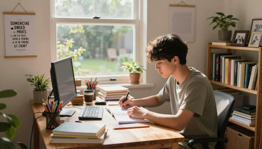 A cozy study space filled with natural light streaming through a large window, illuminating a wooden desk cluttered with textbooks, notebooks, and colorful stationary. In the foreground, a student in modest casual clothing sits at the desk, focused on studying, with a determined expression. They have a cup of coffee beside them and a motivational quote poster on the wall. Surrounding the desk, motivational items like a vision board and plant add warmth and inspiration. The middle ground reveals a bookshelf filled with study materials and personal touches like family photos. The background features a calming view of a garden outside, enhancing the atmosphere of focus and tranquility. The overall mood is one of discipline and motivation, encouraging a long-lasting study routine. Warm, soft lighting enhances the inviting ambiance. A cozy study space filled with natural light streaming through a large window, illuminating a wooden desk cluttered with textbooks, notebooks, and colorful stationary. In the foreground, a student in modest casual clothing sits at the desk, focused on studying, with a determined expression. They have a cup of coffee beside them and a motivational quote poster on the wall. Surrounding the desk, motivational items like a vision board and plant add warmth and inspiration. The middle ground reveals a bookshelf filled with study materials and personal touches like family photos. The background features a calming view of a garden outside, enhancing the atmosphere of focus and tranquility. The overall mood is one of discipline and motivation, encouraging a long-lasting study routine. Warm, soft lighting enhances the inviting ambiance.