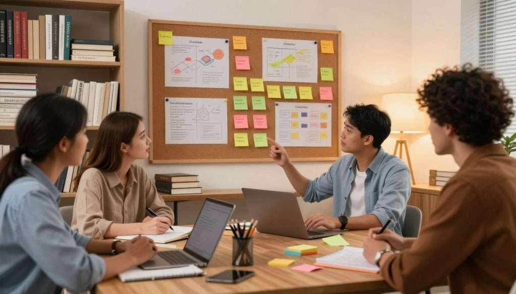 A cozy study space filled with neatly organized books and note cards, showcasing chunked information on wooden desks. In the foreground, a diverse group of three professionals (two men and one woman) dressed in business casual attire, actively discussing study techniques over colorful sticky notes. The middle ground includes a large corkboard with related ideas clustered together, such as diagrams, keywords, and strategies, visually representing chunking. The background features warm ambient lighting from a desk lamp, casting a soft glow that enhances a focused and productive atmosphere. The image captures a sense of collaboration, motivation, and clarity, inviting viewers to embrace effective study tips.