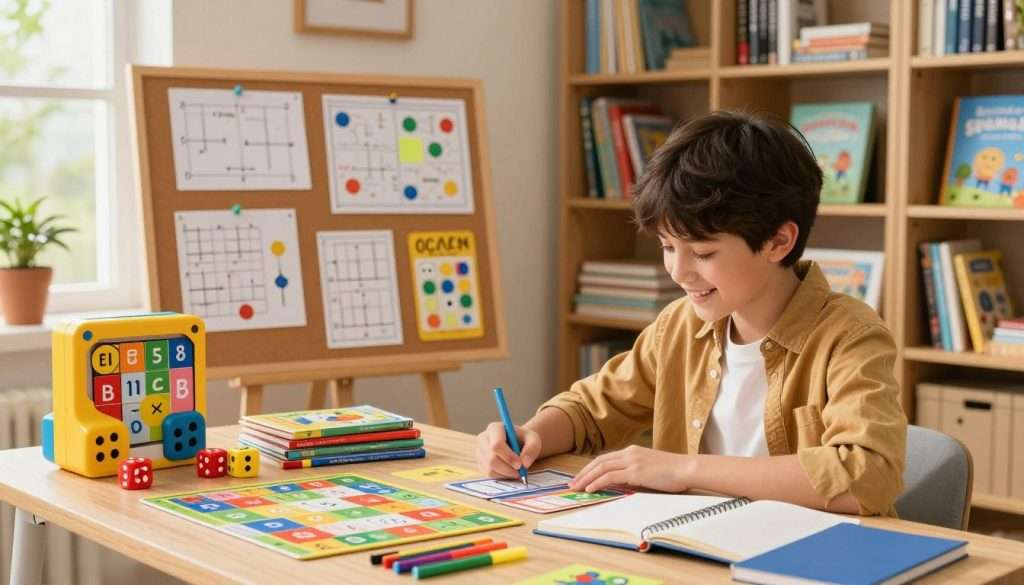 A cozy study space filled with vibrant math-related elements. In the foreground, a cheerful student in smart casual attire sits at a wooden desk, focused on colorful math flashcards and a notebook. Piled nearby are fun, gamified math tools like dice, a board game inspired by numbers, and brightly colored markers. In the middle ground, a corkboard displays an inspiring mix of math puzzles and charts, some creatively illustrated. The background features tall bookshelves filled with math textbooks and educational games under warm, inviting lighting that creates a comfortable atmosphere. The image captures a sense of enthusiasm and engagement, with a window showing a sunny day outside, symbolizing a bright, hopeful future in mastering math. A cozy study space filled with vibrant math-related elements. In the foreground, a cheerful student in smart casual attire sits at a wooden desk, focused on colorful math flashcards and a notebook. Piled nearby are fun, gamified math tools like dice, a board game inspired by numbers, and brightly colored markers. In the middle ground, a corkboard displays an inspiring mix of math puzzles and charts, some creatively illustrated. The background features tall bookshelves filled with math textbooks and educational games under warm, inviting lighting that creates a comfortable atmosphere. The image captures a sense of enthusiasm and engagement, with a window showing a sunny day outside, symbolizing a bright, hopeful future in mastering math.