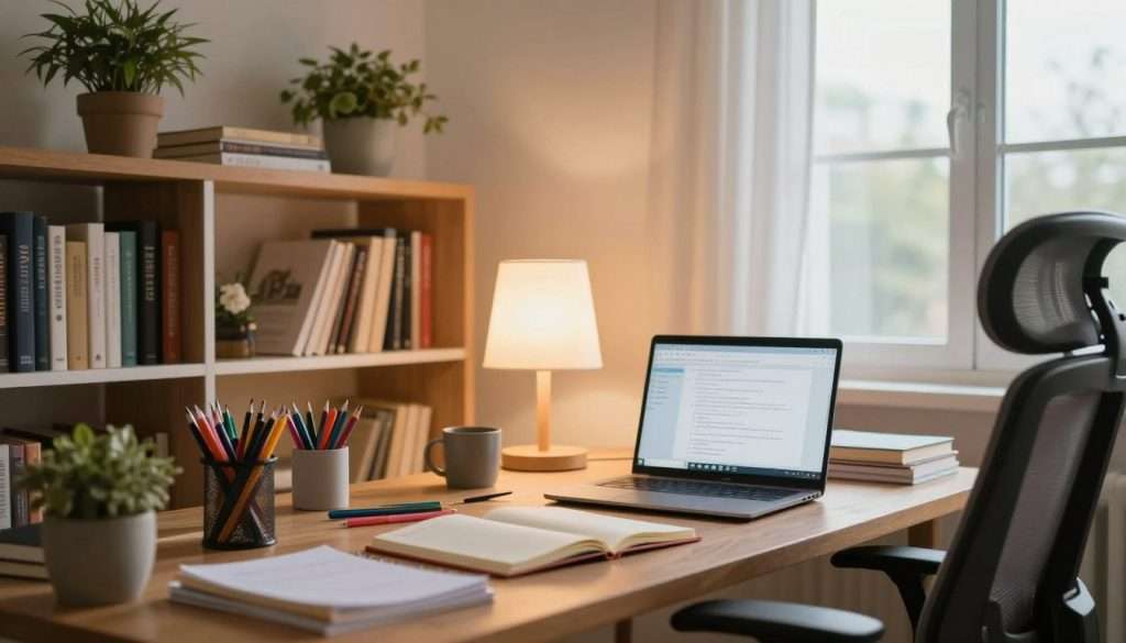 A cozy, well-organized study environment highlighting an inviting study routine. In the foreground, a wooden desk cluttered with colorful stationery, an open notebook, and a laptop with notes on the screen. A comfortable, ergonomic chair is positioned at the desk. In the middle, a soft, warm lamp emits gentle light, creating a calming atmosphere. Bookshelves filled with neatly arranged books and plants add life to the setting. In the background, a large window lets in soft, natural light, illuminating the room with a peaceful vibe. The scene is framed to capture the essence of focus and productivity, showcasing a serene and motivating study space, encouraging an inspiring mood for study and concentration. A cozy, well-organized study environment highlighting an inviting study routine. In the foreground, a wooden desk cluttered with colorful stationery, an open notebook, and a laptop with notes on the screen. A comfortable, ergonomic chair is positioned at the desk. In the middle, a soft, warm lamp emits gentle light, creating a calming atmosphere. Bookshelves filled with neatly arranged books and plants add life to the setting. In the background, a large window lets in soft, natural light, illuminating the room with a peaceful vibe. The scene is framed to capture the essence of focus and productivity, showcasing a serene and motivating study space, encouraging an inspiring mood for study and concentration.