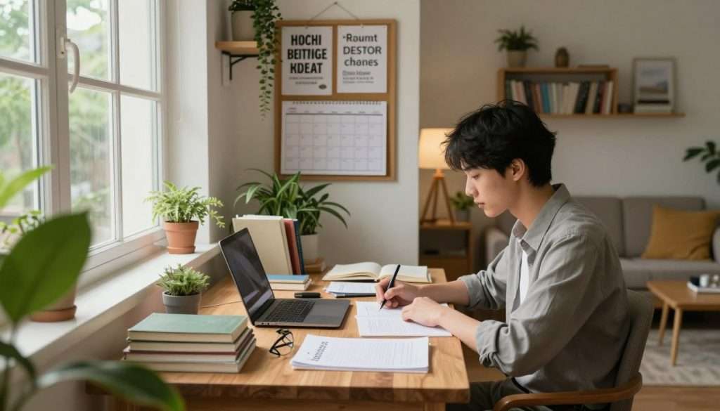 A cozy, well-organized study space at home, featuring a wooden desk adorned with neatly arranged study materials like books, notebooks, and a laptop. In the foreground, a focused student in professional casual attire, deeply engaged in studying, surrounded by calming green plants and a warm, soft light filtering through a nearby window. The middle ground showcases a bulletin board filled with motivational quotes and a calendar, promoting a productive vibe. In the background, a light-filled room with bookshelves, cozy seating, and minimal distractions, creating a serene and focused atmosphere. The lighting is warm and inviting, emphasizing a sense of tranquility and concentration, perfect for studying without interruptions. A cozy, well-organized study space at home, featuring a wooden desk adorned with neatly arranged study materials like books, notebooks, and a laptop. In the foreground, a focused student in professional casual attire, deeply engaged in studying, surrounded by calming green plants and a warm, soft light filtering through a nearby window. The middle ground showcases a bulletin board filled with motivational quotes and a calendar, promoting a productive vibe. In the background, a light-filled room with bookshelves, cozy seating, and minimal distractions, creating a serene and focused atmosphere. The lighting is warm and inviting, emphasizing a sense of tranquility and concentration, perfect for studying without interruptions.