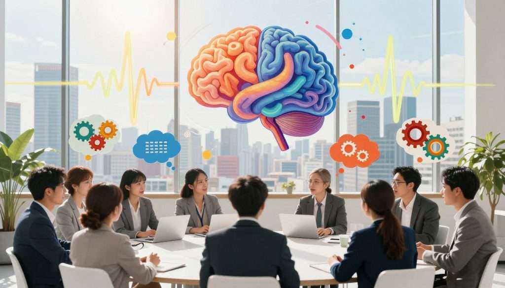 A creative workspace filled with colorful, abstract representations of neurons and brainwaves, symbolizing enhanced cognitive function and mental agility. In the foreground, a diverse group of professionals in smart, business attire are engaged in animated discussion, with thought bubbles containing interlocking gears to represent problem-solving. The middle ground shows a large glass window overlooking a vibrant cityscape, suggesting a change in perspective. The background features a brain motif combined with light trails conveying motion and ideas. The lighting is bright and uplifting, with soft sunlight streaming through the window, casting gentle shadows. The atmosphere is inspiring and dynamic, inviting viewers to explore their own potential for cognitive improvement. A creative workspace filled with colorful, abstract representations of neurons and brainwaves, symbolizing enhanced cognitive function and mental agility. In the foreground, a diverse group of professionals in smart, business attire are engaged in animated discussion, with thought bubbles containing interlocking gears to represent problem-solving. The middle ground shows a large glass window overlooking a vibrant cityscape, suggesting a change in perspective. The background features a brain motif combined with light trails conveying motion and ideas. The lighting is bright and uplifting, with soft sunlight streaming through the window, casting gentle shadows. The atmosphere is inspiring and dynamic, inviting viewers to explore their own potential for cognitive improvement.