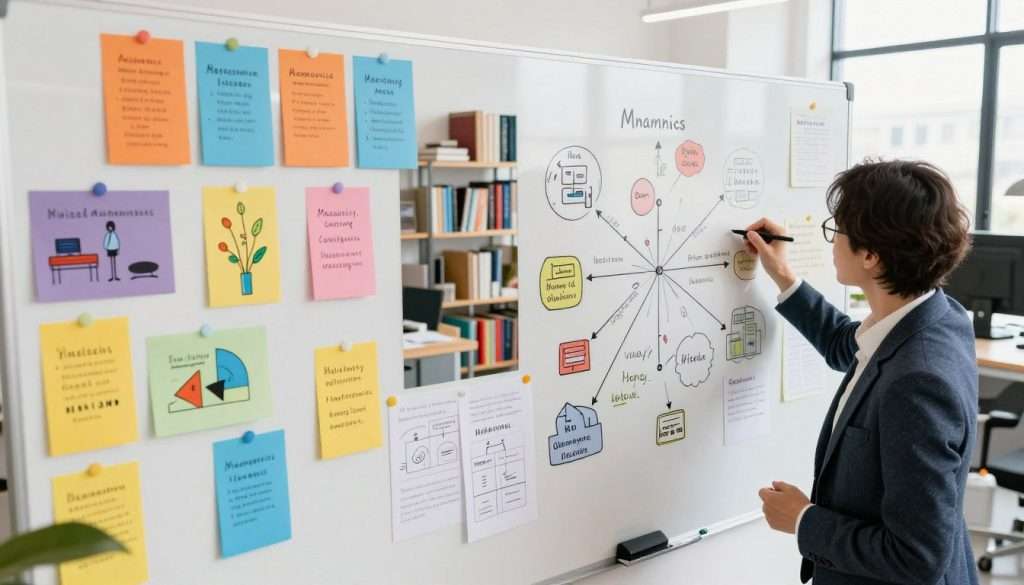 A creative workspace filled with colorful mnemonic devices such as illustrated flashcards, mind maps, and diagrams that represent methods for enhancing memory. In the foreground, a professional individual dressed in smart casual attire is engaged in writing down notes on a large whiteboard, showcasing a visual representation of mnemonics like acronyms and visual associations. In the middle ground, there are shelves filled with books on learning techniques and cognitive science. The background features a bright, spacious office with large windows allowing natural light to flood in, creating an inspiring atmosphere. The overall mood is focused and motivational, with a harmonious blend of colors that evoke creativity and knowledge retention. The angle captures the workspace from a slightly elevated perspective, adding depth to the scene.