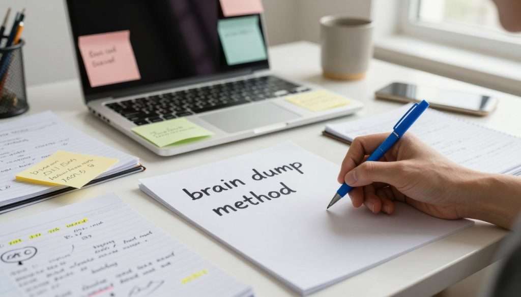 A creative workspace illustrating the "brain dump method," featuring a cluttered desk with scattered notepads overflowing with handwritten notes and ideas. In the foreground, a hand reaches for a bright blue pen, poised to jot down more thoughts on an empty white page, symbolizing a fresh start. The middle ground shows an open laptop with colorful sticky notes attached, some crumpled, representing common mistakes like procrastination and disorganization. In the background, soft natural light filters through a window, casting gentle shadows, creating a calm, focused atmosphere. The setting exudes a sense of urgency and clarity, encouraging a productive mindset. This image embodies the essence of the brain dump method while emphasizing common pitfalls that hinder its effectiveness. A creative workspace illustrating the "brain dump method," featuring a cluttered desk with scattered notepads overflowing with handwritten notes and ideas. In the foreground, a hand reaches for a bright blue pen, poised to jot down more thoughts on an empty white page, symbolizing a fresh start. The middle ground shows an open laptop with colorful sticky notes attached, some crumpled, representing common mistakes like procrastination and disorganization. In the background, soft natural light filters through a window, casting gentle shadows, creating a calm, focused atmosphere. The setting exudes a sense of urgency and clarity, encouraging a productive mindset. This image embodies the essence of the brain dump method while emphasizing common pitfalls that hinder its effectiveness.