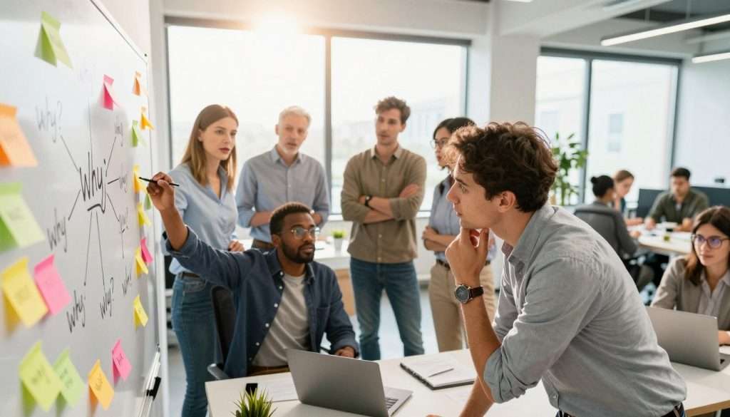 A curious office space filled with diverse individuals engaged in deep conversation, embodying the process of asking "why." In the foreground, a thoughtful person in professional attire leans over a table, scribbling down interconnected "why" questions on a large whiteboard covered in colorful sticky notes, representing different topics. The middle ground features a group of colleagues, diverse in age and ethnicity, animatedly discussing various subjects, their expressions reflecting intrigue and excitement. The background shows a bright, inviting modern office with large windows allowing natural light to illuminate the scene. A lens flare adds warmth, enhancing the atmosphere of creativity and inquiry. The overall mood is vibrant and inspiring, inviting the viewer to explore and transform their own curiosity. A curious office space filled with diverse individuals engaged in deep conversation, embodying the process of asking "why." In the foreground, a thoughtful person in professional attire leans over a table, scribbling down interconnected "why" questions on a large whiteboard covered in colorful sticky notes, representing different topics. The middle ground features a group of colleagues, diverse in age and ethnicity, animatedly discussing various subjects, their expressions reflecting intrigue and excitement. The background shows a bright, inviting modern office with large windows allowing natural light to illuminate the scene. A lens flare adds warmth, enhancing the atmosphere of creativity and inquiry. The overall mood is vibrant and inspiring, inviting the viewer to explore and transform their own curiosity.