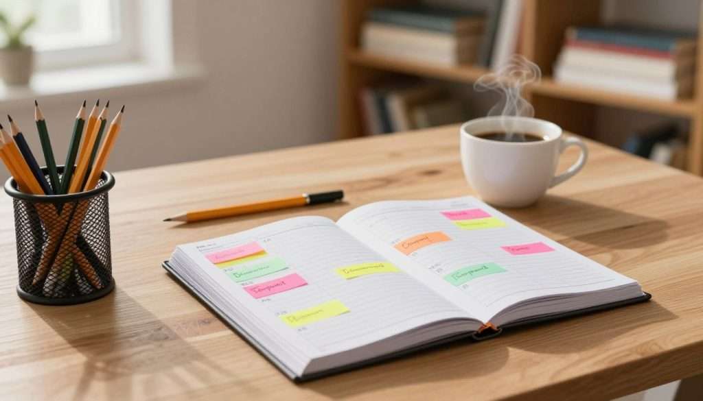 A detailed study schedule on a clean wooden desk, featuring an organized planner opened to a weekly layout filled with colorful sticky notes indicating assignments and exam dates. In the foreground, a modern pencil holder filled with neatly sharpened pencils and highlighters. The middle ground showcases a cup of steaming coffee beside the planner, suggesting late-night study sessions. In the background, a softly blurred bookshelf filled with textbooks and study materials, illuminated by warm, natural light filtering through a nearby window. The atmosphere is calm and focused, inviting a sense of productivity and organization, capturing the essence of a well-structured study environment. The image conveys an academic and motivational vibe, ideal for encouraging effective study habits. A detailed study schedule on a clean wooden desk, featuring an organized planner opened to a weekly layout filled with colorful sticky notes indicating assignments and exam dates. In the foreground, a modern pencil holder filled with neatly sharpened pencils and highlighters. The middle ground showcases a cup of steaming coffee beside the planner, suggesting late-night study sessions. In the background, a softly blurred bookshelf filled with textbooks and study materials, illuminated by warm, natural light filtering through a nearby window. The atmosphere is calm and focused, inviting a sense of productivity and organization, capturing the essence of a well-structured study environment. The image conveys an academic and motivational vibe, ideal for encouraging effective study habits.