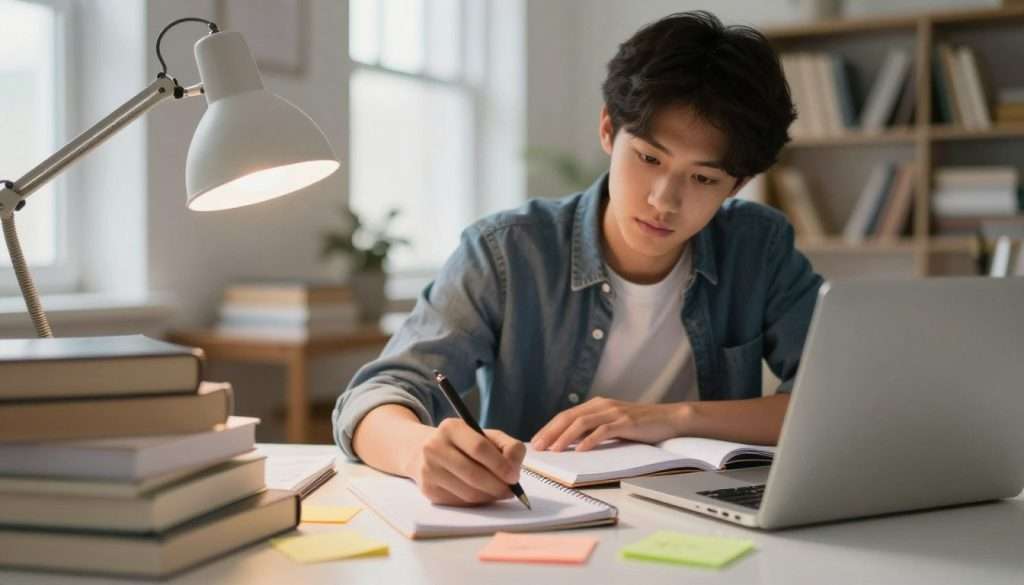 A determined student sits at a cluttered desk filled with books, notebooks, and a laptop. The foreground features a close-up of their hand jotting down notes, with colorful sticky notes around them for motivation. In the middle, a focused expression on the student's face, wearing smart-casual attire; their desk lamp casts a warm glow, illuminating the study materials. The background fades into a cozy room with shelves of books, soft, diffused natural light streaming in through a window, creating a serene atmosphere. The mood is one of concentration and inspiration, encouraging perseverance despite challenging subjects. The composition should evoke a sense of productivity and resilience, captured from a slightly elevated angle for depth. A determined student sits at a cluttered desk filled with books, notebooks, and a laptop. The foreground features a close-up of their hand jotting down notes, with colorful sticky notes around them for motivation. In the middle, a focused expression on the student's face, wearing smart-casual attire; their desk lamp casts a warm glow, illuminating the study materials. The background fades into a cozy room with shelves of books, soft, diffused natural light streaming in through a window, creating a serene atmosphere. The mood is one of concentration and inspiration, encouraging perseverance despite challenging subjects. The composition should evoke a sense of productivity and resilience, captured from a slightly elevated angle for depth.