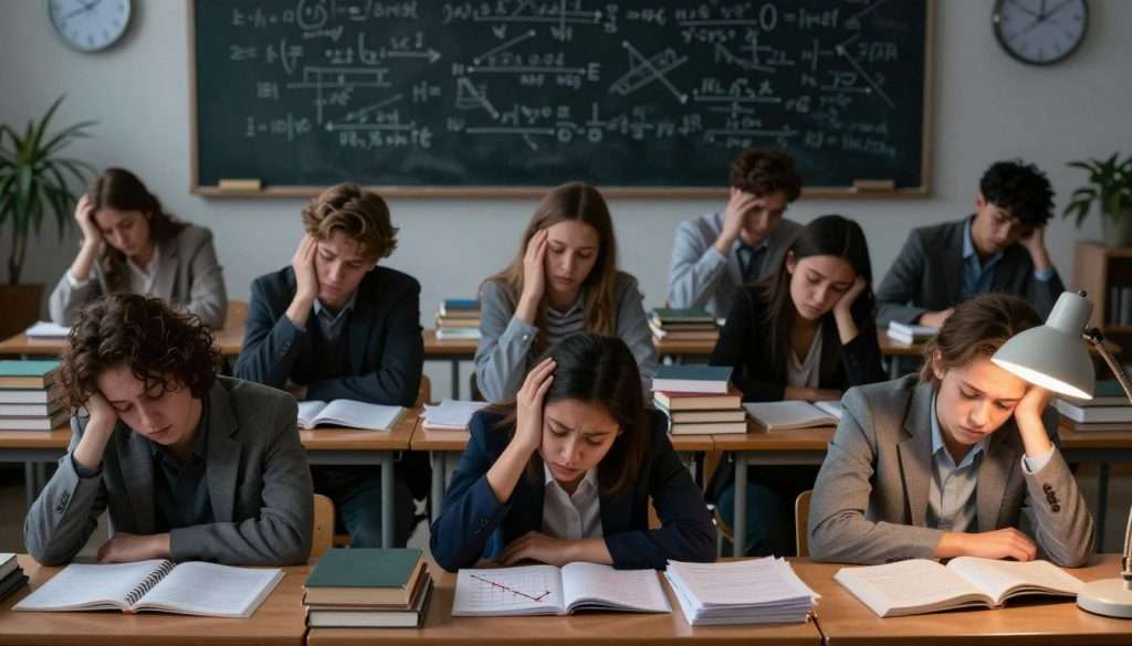 A dimly lit classroom scene depicting the impact of sleep deprivation on student performance. In the foreground, a diverse group of students in professional casual attire, appearing fatigued and overwhelmed, with disheveled hair and heavy bags under their eyes, surround cluttered desks piled with textbooks and papers. The middle layer features an open notebook displaying a declining grade chart, symbolizing falling academic performance. In the background, a chalkboard with complex equations and a clock showing late hours hints at the late-night study sessions. The atmosphere is heavy with exhaustion and tension, illuminated by the soft glow of a single desk lamp, casting long shadows that contribute to the overall mood of despair and urgency related to the consequences of sleep deprivation.