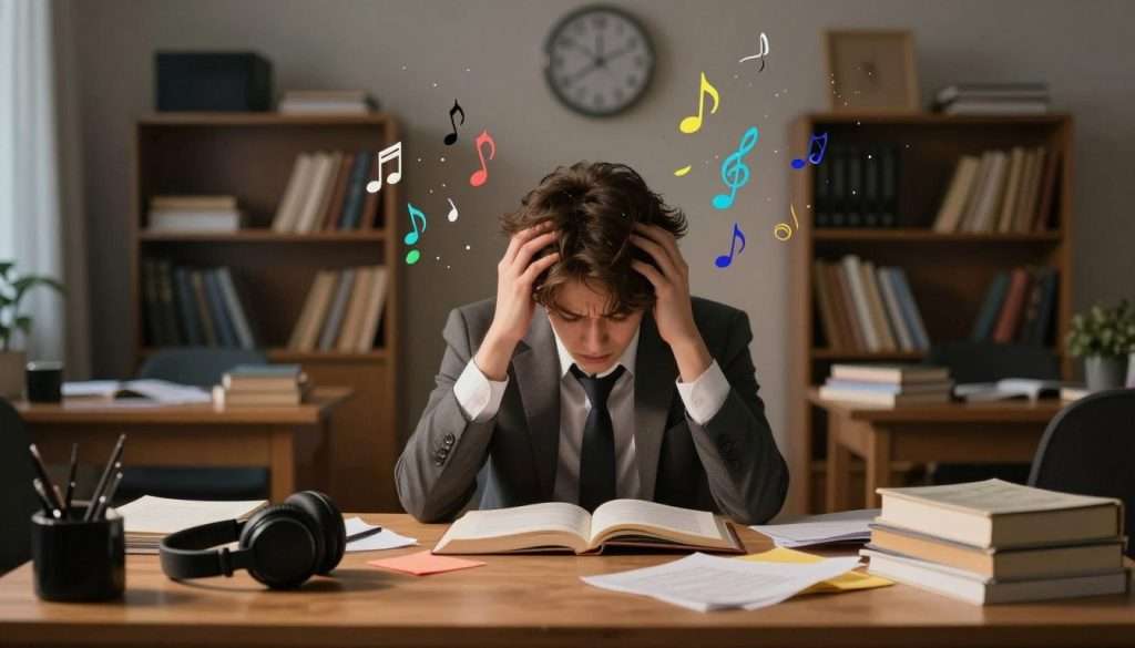 A dimly lit study room, filled with a sense of distraction, encapsulating the theme of 'when background music hurts concentration.' In the foreground, a cluttered wooden desk with open books and scattered notes signifies chaos. A pair of headphones rests unceremoniously on one side, symbolizing unwanted noise. In the middle, a frazzled student, dressed in business casual attire, rubs their temples in frustration, surrounded by a swirling mass of colorful musical notes that seem to drift outward chaotically. The background features blurred shelves crowded with textbooks and a clock showing late hours, enhancing the feeling of stress. Soft, warm lighting casts shadows across the room, contributing to an atmosphere of overwhelm, while maintaining a clear focus on the student's struggle. A dimly lit study room, filled with a sense of distraction, encapsulating the theme of 'when background music hurts concentration.' In the foreground, a cluttered wooden desk with open books and scattered notes signifies chaos. A pair of headphones rests unceremoniously on one side, symbolizing unwanted noise. In the middle, a frazzled student, dressed in business casual attire, rubs their temples in frustration, surrounded by a swirling mass of colorful musical notes that seem to drift outward chaotically. The background features blurred shelves crowded with textbooks and a clock showing late hours, enhancing the feeling of stress. Soft, warm lighting casts shadows across the room, contributing to an atmosphere of overwhelm, while maintaining a clear focus on the student's struggle.