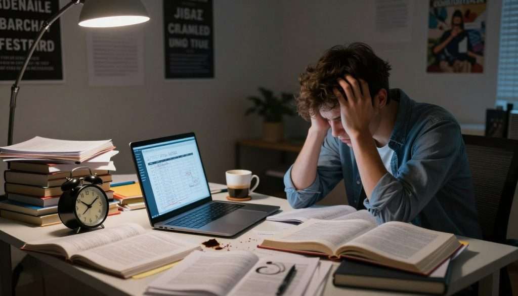 A dimly lit study room in the foreground features a stressed student, a young adult in smart casual attire, surrounded by an array of open textbooks and scattered notes. Papers are chaotically piled on the desk, while an alarm clock shows late-night hours, symbolizing the pressure of cramming. In the middle, a glowing laptop displays a study schedule, half-written and chaotic, with a cup of spilled coffee nearby, adding to the tension. The background reveals a messy room with motivational posters on the walls that contrast with the clutter, creating a sense of urgency. Soft overhead lighting casts gentle shadows, emphasizing the exhaustion on the student's face. The overall mood is one of anxiety and desperation, illustrating the struggle of last-minute studying. A dimly lit study room in the foreground features a stressed student, a young adult in smart casual attire, surrounded by an array of open textbooks and scattered notes. Papers are chaotically piled on the desk, while an alarm clock shows late-night hours, symbolizing the pressure of cramming. In the middle, a glowing laptop displays a study schedule, half-written and chaotic, with a cup of spilled coffee nearby, adding to the tension. The background reveals a messy room with motivational posters on the walls that contrast with the clutter, creating a sense of urgency. Soft overhead lighting casts gentle shadows, emphasizing the exhaustion on the student's face. The overall mood is one of anxiety and desperation, illustrating the struggle of last-minute studying.