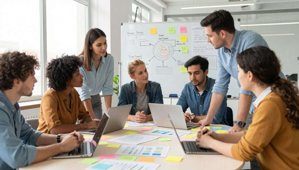 A diverse group of professionals, including a Black woman, a Hispanic man, and a Caucasian woman, are engaged in a dynamic brainstorming session around a large round table cluttered with colorful sticky notes, charts, and laptops. In the foreground, they are intensely focused, collaborating on innovative problem-solving techniques. The middle section shows a whiteboard filled with mind maps, diagrams, and bullet points illustrating different problem-solving strategies. The background features a bright, modern office space with large windows allowing natural light to flood in, creating an inspiring and energetic atmosphere. Use a warm, inviting color palette to enhance teamwork and creativity, with soft shadows and a slightly angled view to create depth. A diverse group of professionals, including a Black woman, a Hispanic man, and a Caucasian woman, are engaged in a dynamic brainstorming session around a large round table cluttered with colorful sticky notes, charts, and laptops. In the foreground, they are intensely focused, collaborating on innovative problem-solving techniques. The middle section shows a whiteboard filled with mind maps, diagrams, and bullet points illustrating different problem-solving strategies. The background features a bright, modern office space with large windows allowing natural light to flood in, creating an inspiring and energetic atmosphere. Use a warm, inviting color palette to enhance teamwork and creativity, with soft shadows and a slightly angled view to create depth.