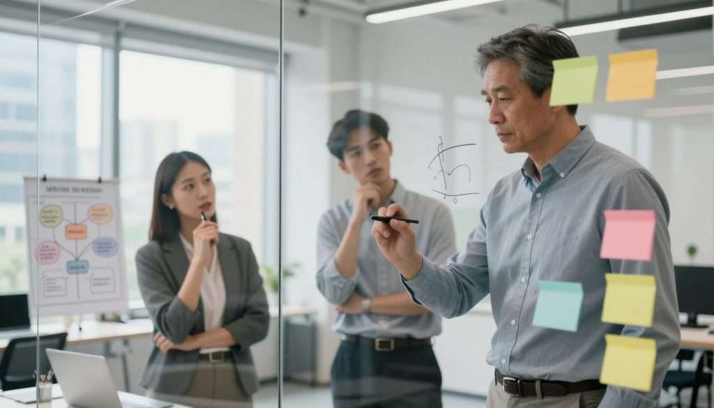 A diverse group of three professionals engaged in critical thinking exercises in a bright, modern office space. In the foreground, a middle-aged man in business attire writes on a transparent whiteboard covered in colorful post-it notes and diagrams. To the left, a young woman in smart casual clothing thoughtfully analyzes a mind map with a pen in her hand. In the background, a modern window reveals a bustling cityscape, letting in natural light that illuminates the room. The atmosphere is focused and collaborative, showcasing a sense of urgency and clarity of thought. The angle captures the dynamics of teamwork, encouraging a productive mindset aligned with problem-solving. A diverse group of three professionals engaged in critical thinking exercises in a bright, modern office space. In the foreground, a middle-aged man in business attire writes on a transparent whiteboard covered in colorful post-it notes and diagrams. To the left, a young woman in smart casual clothing thoughtfully analyzes a mind map with a pen in her hand. In the background, a modern window reveals a bustling cityscape, letting in natural light that illuminates the room. The atmosphere is focused and collaborative, showcasing a sense of urgency and clarity of thought. The angle captures the dynamics of teamwork, encouraging a productive mindset aligned with problem-solving.