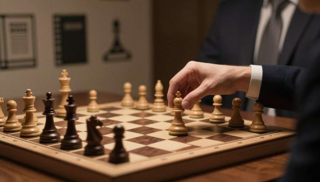A dramatic chessboard set in a dimly lit room, with a focus on a mid-game scenario displaying a complex multi-move strategy. In the foreground, a hand reaches for a knight piece, poised in a decisive moment, adorned in a sharp professional outfit. In the middle ground, an illuminated chessboard showcases intricately arranged pieces, with shadows creating a sense of depth and tension. The background features abstract, blurred outlines of chess books and strategy guides, hinting at knowledge and learning. Warm, soft lighting enhances the atmosphere, while the angle emphasizes the player's perspective over the board, adding a sense of engagement and anticipation. The overall mood is one of focused determination and intellectual challenge.