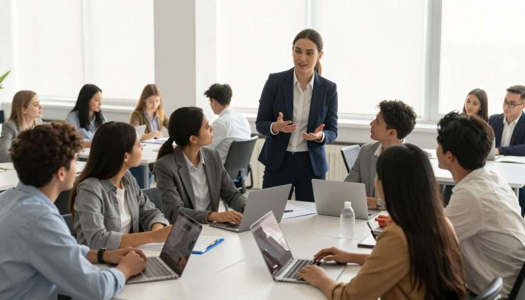 A dynamic classroom scene depicting various active learning strategies in action. In the foreground, a diverse group of engaged students (both male and female) dressed in professional business attire or modest casual clothing collaborate around a table scattered with notes and laptops, animatedly discussing an educational topic. In the middle, an instructor stands confidently, gesturing as they guide a larger group through a hands-on activity, embodying the concept of "learning by teaching." The background features a bright, inviting classroom with large windows letting in soft, natural light that creates a warm atmosphere. The scene is captured with a slightly elevated angle, emphasizing the interaction and engagement among the participants, highlighting the collaborative spirit of active learning. The overall mood is one of enthusiasm and intellectual curiosity. A dynamic classroom scene depicting various active learning strategies in action. In the foreground, a diverse group of engaged students (both male and female) dressed in professional business attire or modest casual clothing collaborate around a table scattered with notes and laptops, animatedly discussing an educational topic. In the middle, an instructor stands confidently, gesturing as they guide a larger group through a hands-on activity, embodying the concept of "learning by teaching." The background features a bright, inviting classroom with large windows letting in soft, natural light that creates a warm atmosphere. The scene is captured with a slightly elevated angle, emphasizing the interaction and engagement among the participants, highlighting the collaborative spirit of active learning. The overall mood is one of enthusiasm and intellectual curiosity.